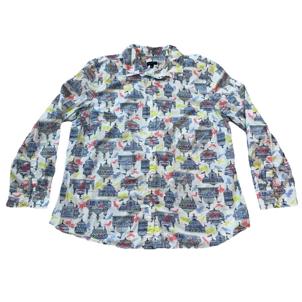Talbots Shirt Womens XL Novelty Print Birdcage Button Down Long Sleeve Cotton